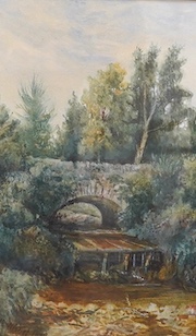 Nisbet, watercolour, Bridge above a dam, signed and dated 1872, 39 x 24cm, gilt framed. Condition - fair to good